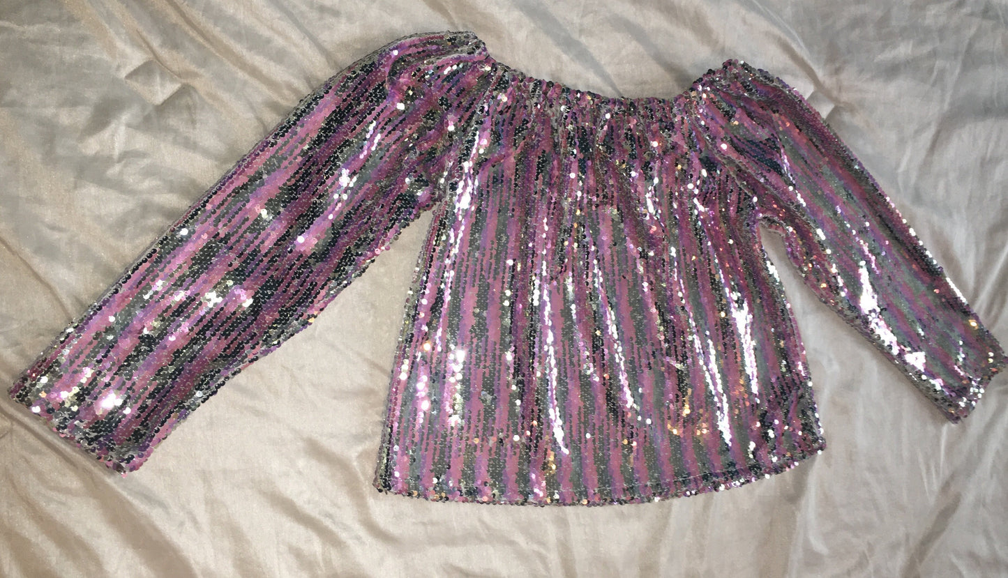Off The Shoulder Sparkly Sequin Tops Long Sleeve Fashion Crop Top